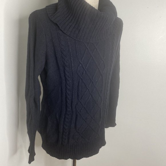 Cabela's Womens Cable Knit Sweater Sz L Black Turtle Neck TUnic Long Wool Blend - Picture 4 of 7